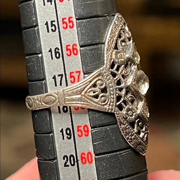 Antique Art Deco Ornate Filigree Sterling Silver Paste Diamond Statement Ring - Picture 5 of 11